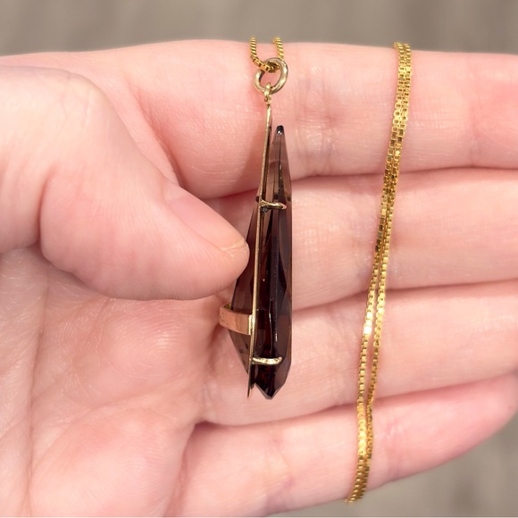 Vintage Smoky Quartz 18K Yellow Rose Gold Pendant Mid-Century Teardrop Solitaire - Picture 8 of 13